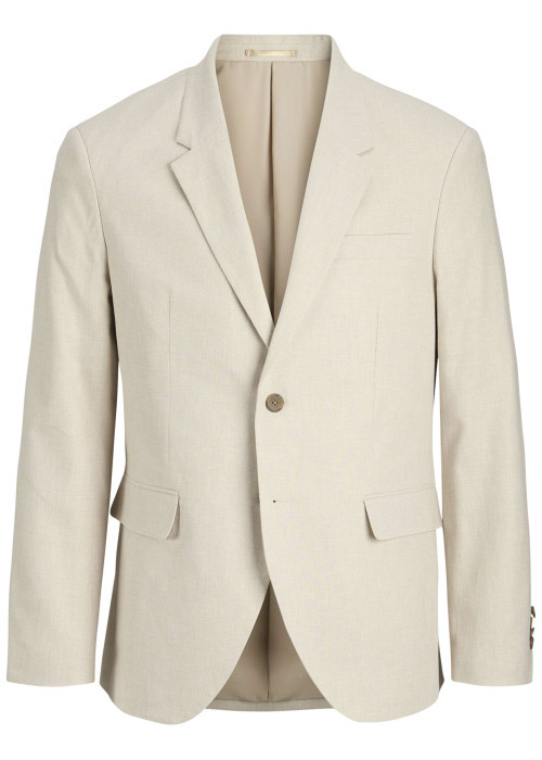 Veste blazer de costume en coton et lin mélangé beige uni avec une coupe slim