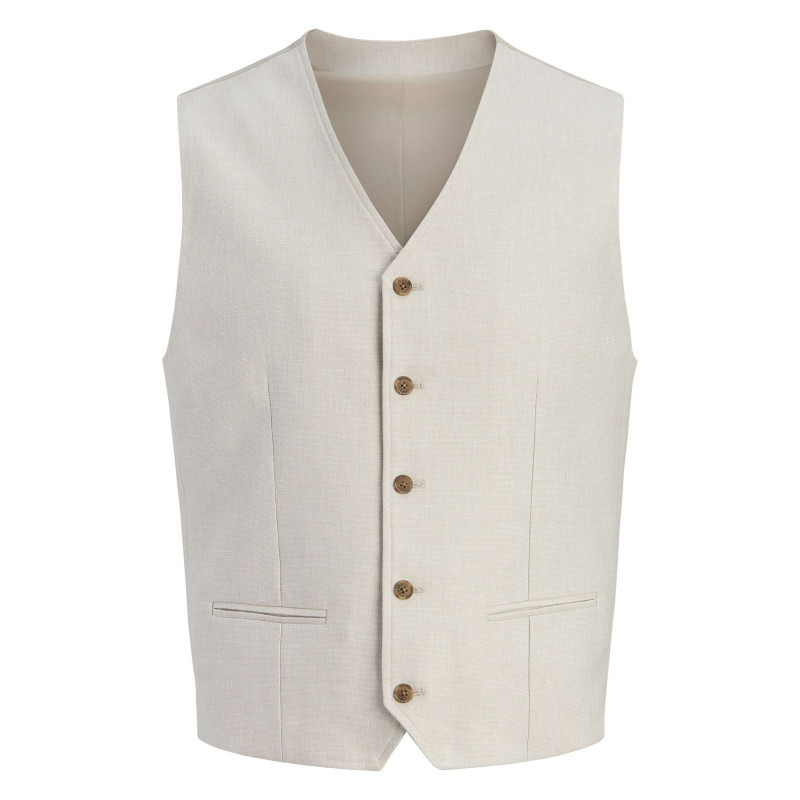 Premium By Jack & Jones - Gilet De Costume En Coton Et Lin Mélangé Beige Uni Avec Une Coupe Slim - Beige Premium By Jack & Jones - Gilet De Costume En Coton Et Lin Mélangé Beige Uni Avec Une Coupe Slim - Beige