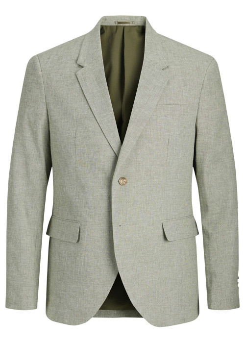 Veste blazer de costume en coton et lin mélangé olive uni avec une coupe slim