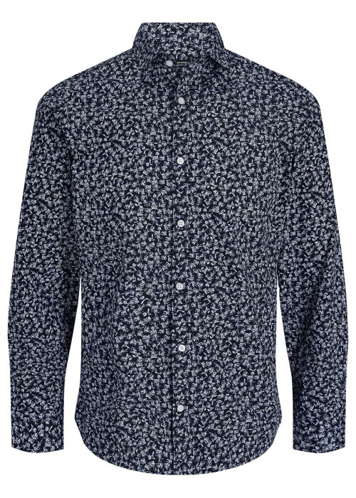 Chemise en coton bleu marine à motif floral imprimé avec une coupe slim