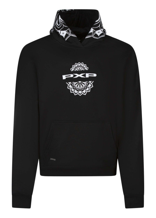 Pull noir à motifs avec une coupe droite à capuche et à manches longues