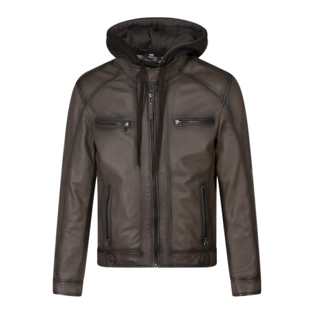 Blouson en cuir taupe uni avec une coupe...