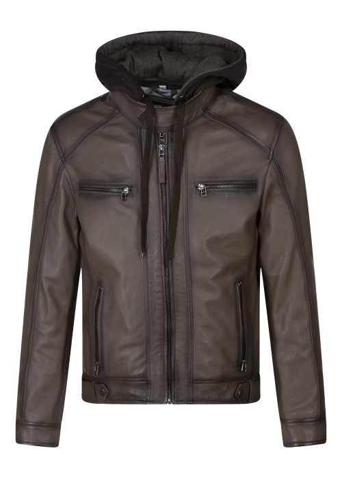 Blouson en cuir taupe uni avec une coupe...