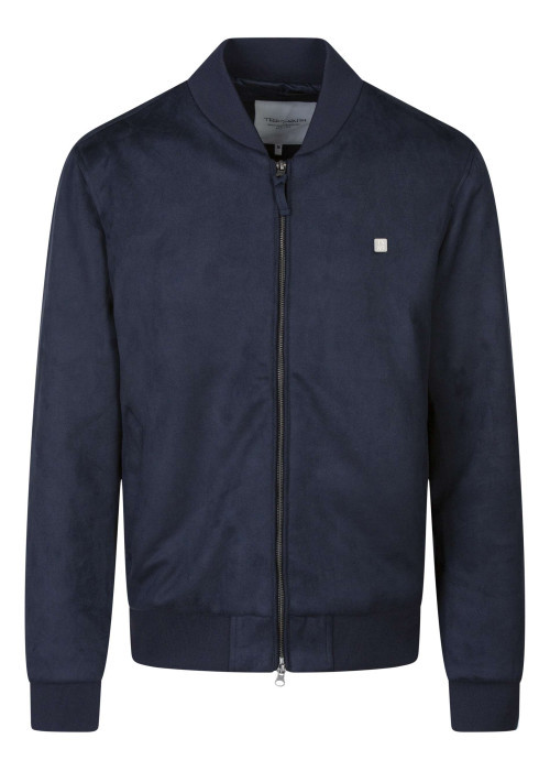 Blouson bleu foncé uni avec une coupe ajustée et un col montant