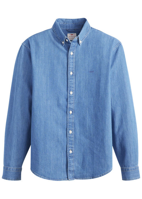 Chemise en coton bleue à coupe droite pourvue d'une col boutonné