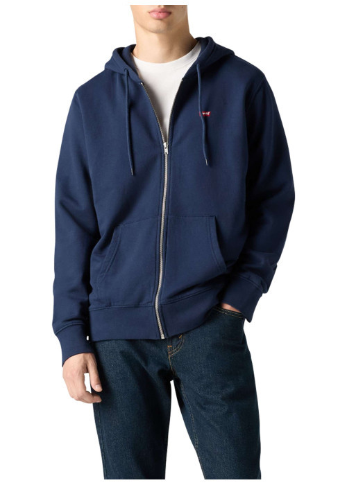Sweat zippé en coton marine à coupe droite pourvu d'un col à capuche