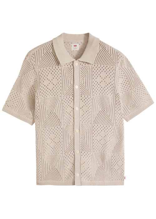 Polo en coton beige à coupe droite pourvu d'un col à revers côtelé