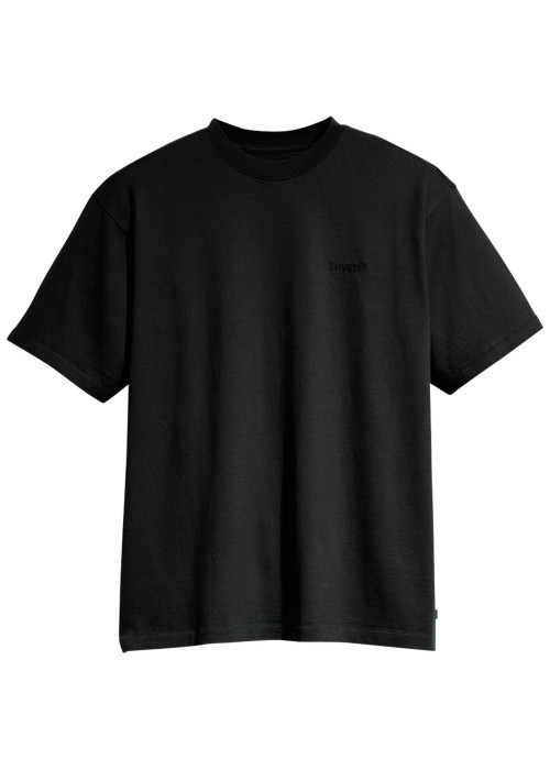 T-shirt en coton noir à coupe droite pourvu d'un col rond finement côtelé