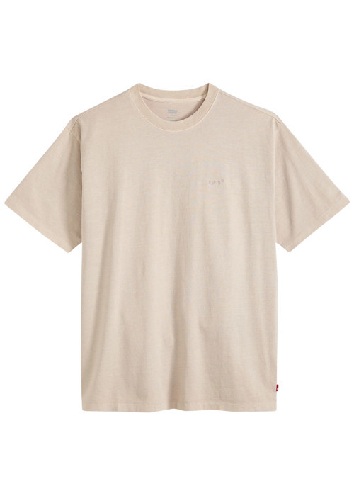 T-shirt en coton beige à coupe droite pourvu d'un col rond finement côtelé