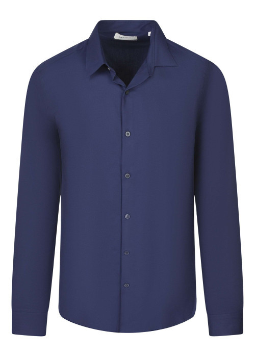 Chemise en coton bleu marine unie avec un col français et une coupe slim