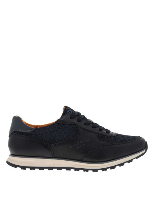 Sneakers bleu marine à talon plat avec un empiècement en cuir sur le pourtour