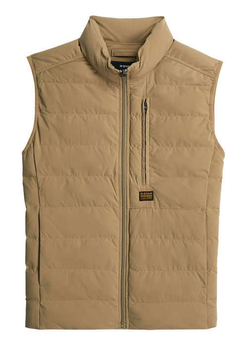 Doudoune sans manche beige unie avec une coupe droite et un col montant