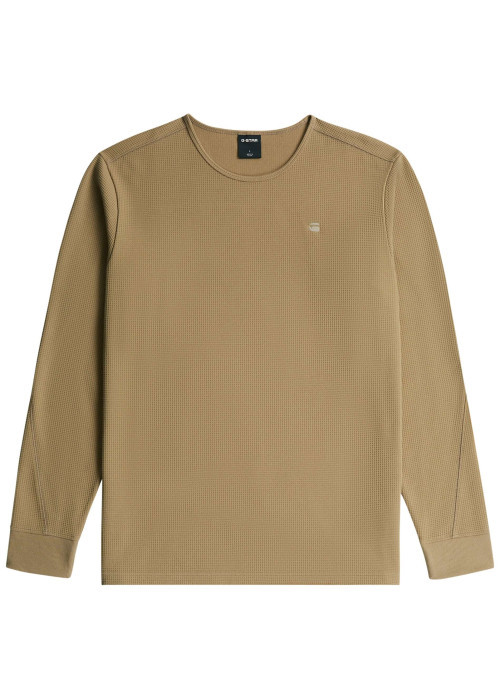 Pull beige uni à coupe droite avec un col rond et des manches longues
