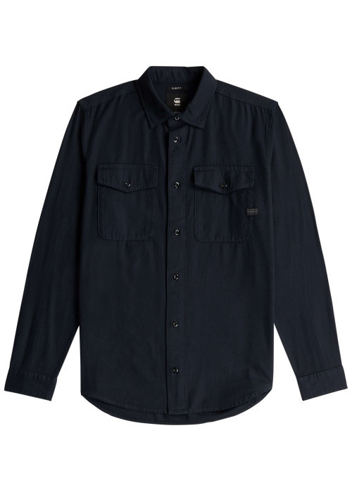Chemise en coton bleu marine unie avec une coupe slim et un col à revers