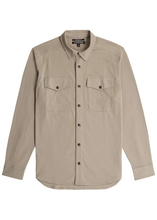 Chemise en coton biologique taupe unie avec une coupe slim et un col à revers