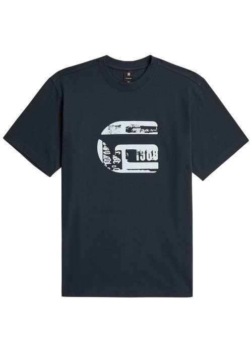 T-shirt en coton biologique bleu marine imprimé avec une coupe droite