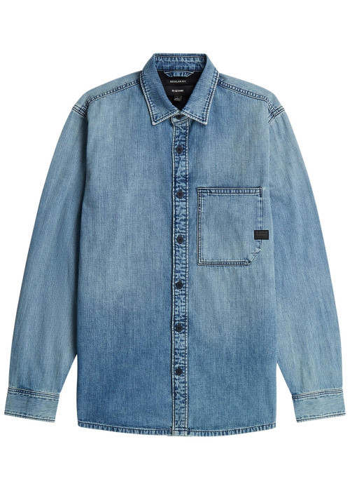 Chemise en jean en coton bleue unie avec une coupe droite et 1 poche