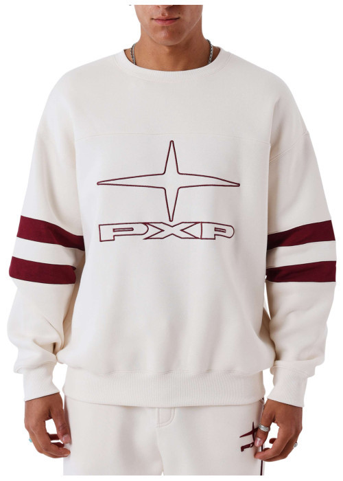 Sweat blanc uni avec une coupe droite et un logo bordeaux sur la poitrine