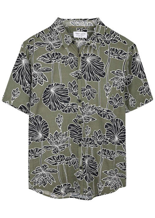 Chemise kaki à coupe droite ornée d'un motif végétal oversize
