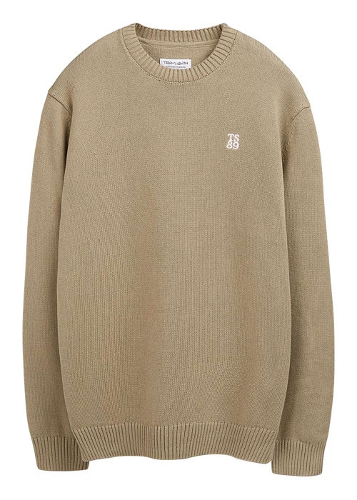Pull en coton beige à coupe ample pourvu d'un col rond côtelé