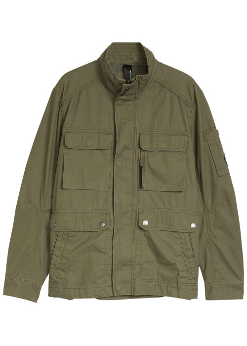 Parka en coton kaki uni avec une coupe droite et des poches plaquées à l'avant