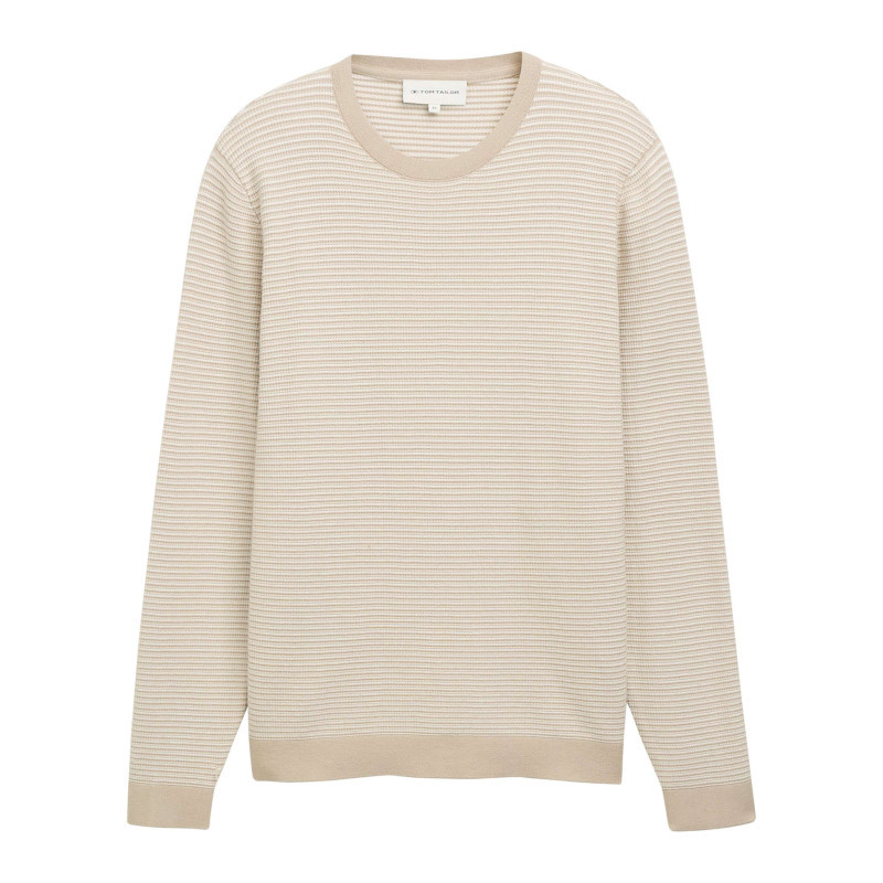 Tom Tailor - Pull En Coton Beige à Rayures Avec Une Coupe Droite Et Un Col Rond - Beige Tom Tailor - Pull En Coton Beige à Rayures Avec Une Coupe Droite Et Un Col Rond - Beige