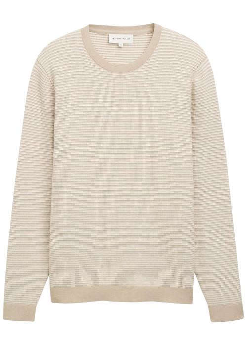 Pull en coton beige à rayures avec une coupe droite et un col rond