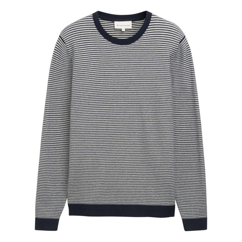 Tom Tailor - Pull En Coton Marine à Rayures Avec Une Coupe Droite Et Un Col Rond - Bleu Foncé Tom Tailor - Pull En Coton Marine à Rayures Avec Une Coupe Droite Et Un Col Rond - Bleu Foncé