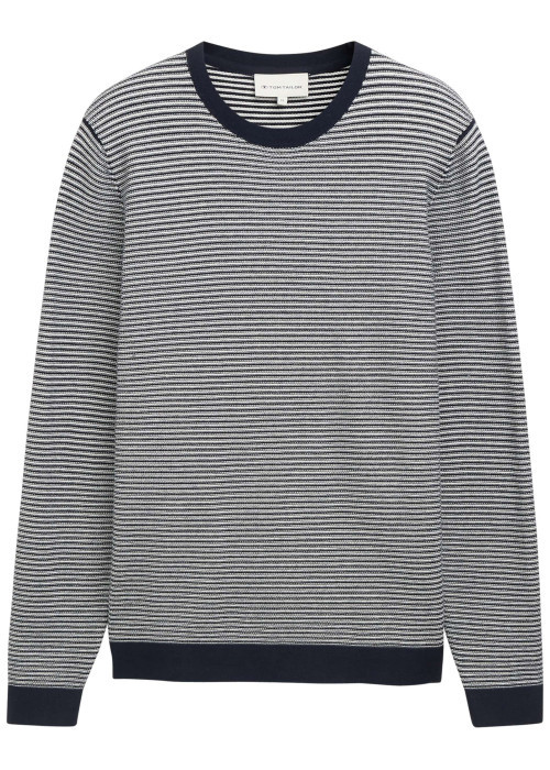 Pull en coton marine à rayures avec une coupe droite et un col rond