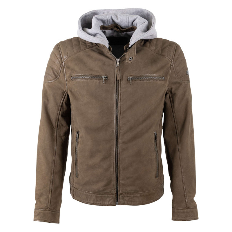 Mauritius - Blouson En Cuir De Mouton Olive Uni Avec Une Coupe Ajustée Et Un Col à Capuche - Vert Foncé