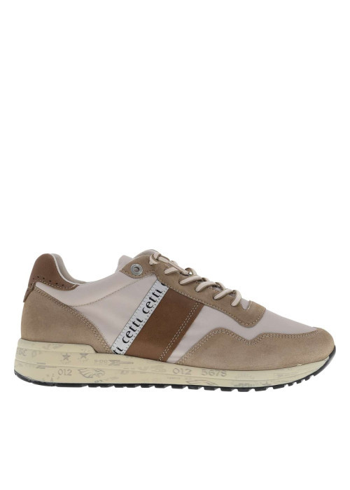 Baskets running en cuir taupe avec des motifs sur la semelle et des lacets ronds