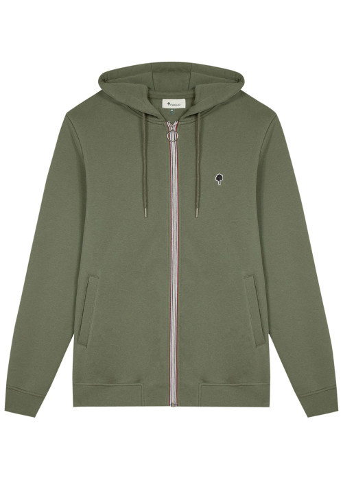 Sweat zippé kaki uni avec une coupe droite et un col à capuche