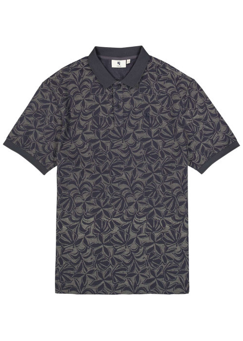 Polo en coton marine à imprimé floral avec une coupe droite et un col à revers