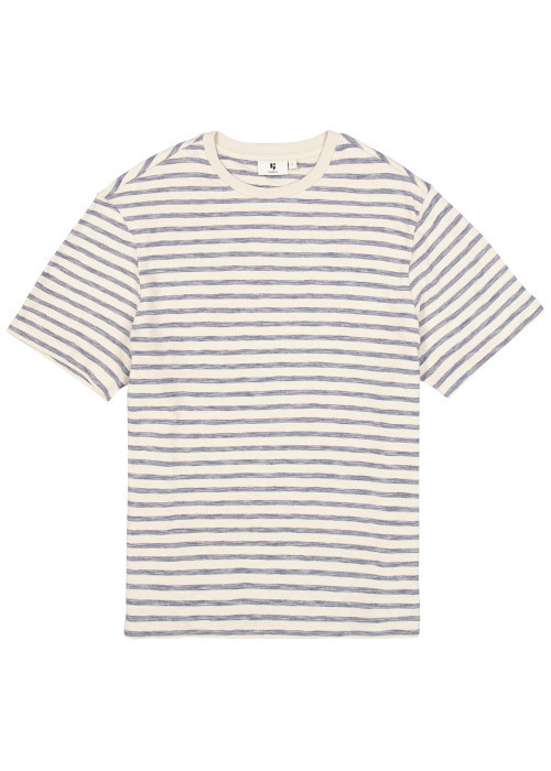 T-shirt en coton écru à rayures bleues avec une coupe droite et un col rond