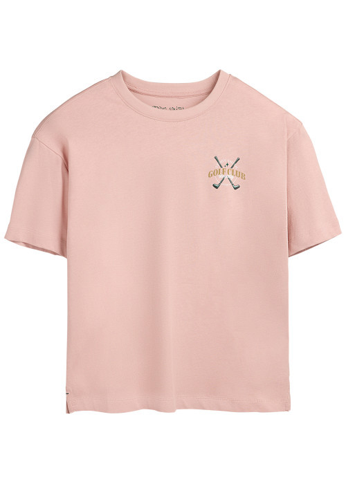 T-shirt en coton rose imprimé à coupe droite pourvu d'un col rond