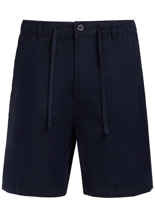 Short bleu foncé à coupe droite pourvu d'un cordon de serrage à la taille