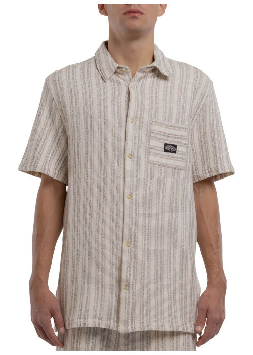Chemise en coton mélangé beige à coupe droite ornée d'un motif à rayures