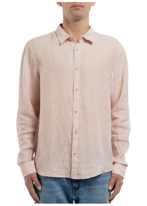 Chemise en lin rose à coupe droite pourvue d'un col à revers