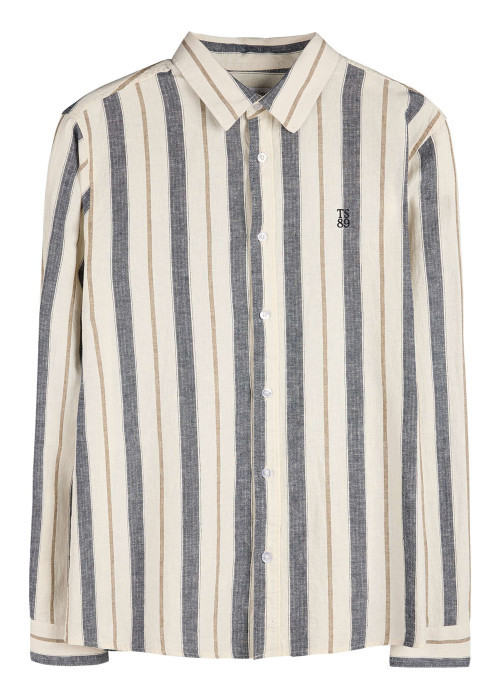 Chemise beige et grise en lin et coton ornée d'un motif à rayures