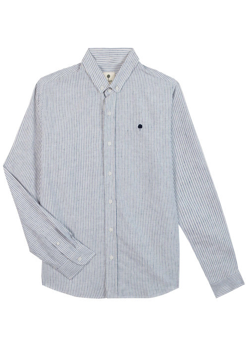 Chemise en coton et lin mélangé bleue à rayures avec un col américain