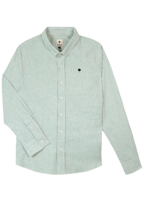 Chemise en coton et lin mélangé verte à rayures avec un col américain