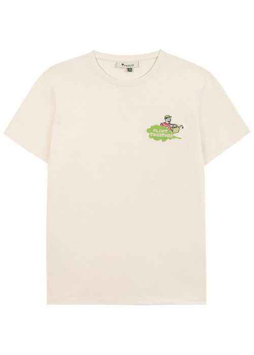 T-shirt en coton écru uni avec une coupe droite et un col rond