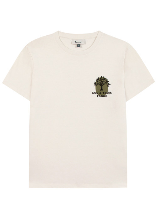T-shirt en coton écru uni avec un col rond et...