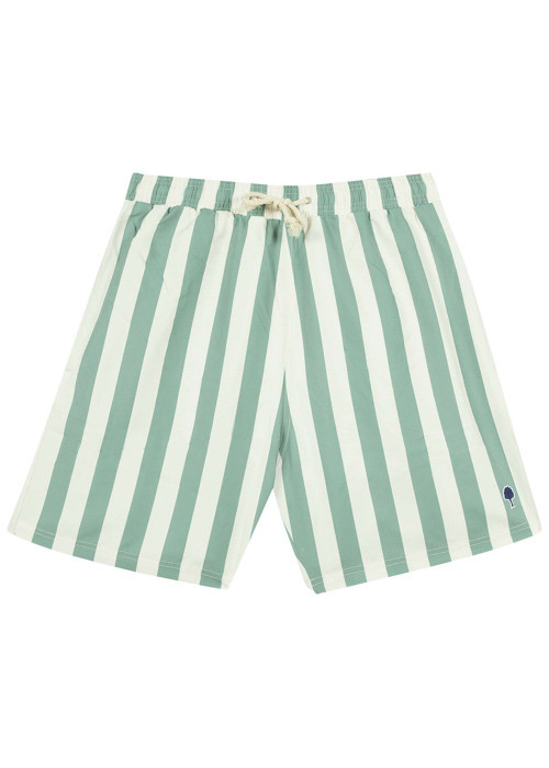 Short de bain vert à rayures blanches avec une coupe droite