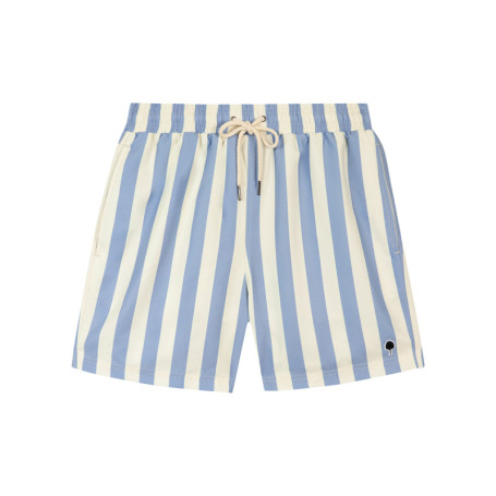 Short de bain bleu à rayures blanches avec une...