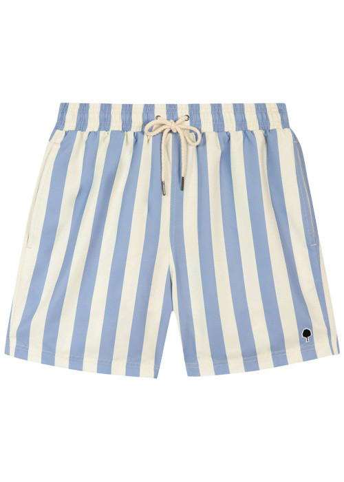 Short de bain bleu à rayures blanches avec une coupe droite