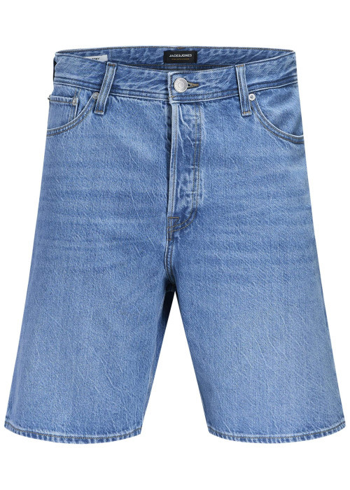 Short en coton bleu délavé avec une coupe droite et 1 bouton de fermeture
