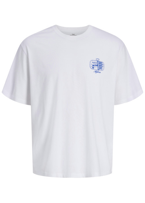 T-shirt en coton biologique blanc uni avec un imprimé bleu et un col rond