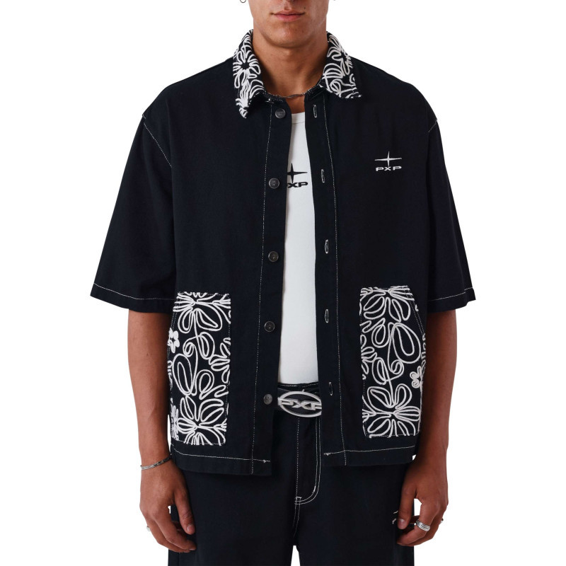 Project X - Blouson En Jean En Coton Noir Uni Avec Une Coupe Droite Et Un Col Chemise - Noir