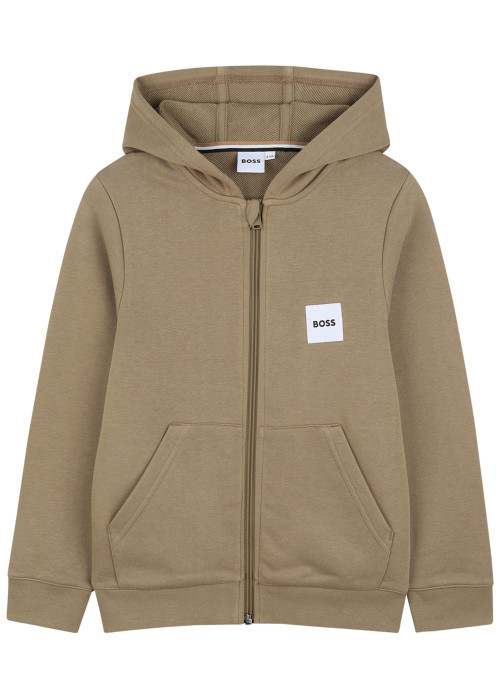 Sweat zippé en coton taupe à coupe ajustée pourvu d'un col à capuche